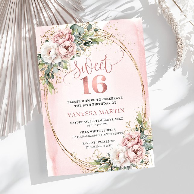 Invitation chic rose blush floral eucalyptus pour  (Chic Blush Pink Floral Eucalyptus Sweet 16 Invitation)