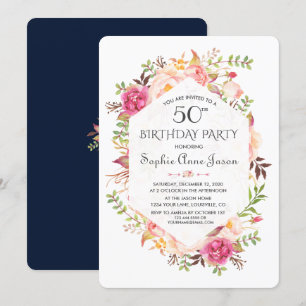 Invitation Chic Rose Blush Floral Navy Blue Anniversaire