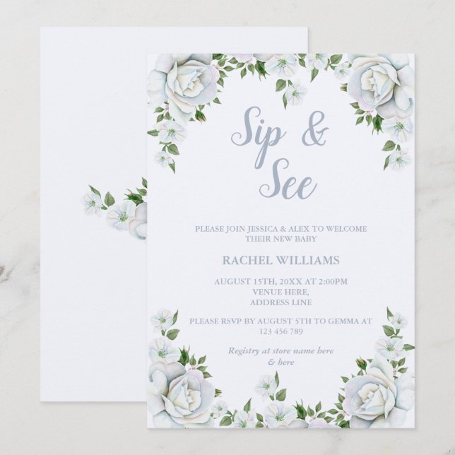 Invitation Chic Rose Bordure Sip & See (Devant / Derrière)