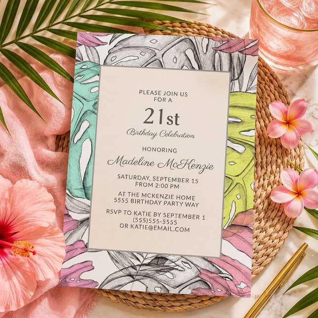 Invitation Chic Rose Botanique Feuille de Palmier Tropical 21 (Chic pink, teal, and yellow tropical leaves 21st birthday invitation)