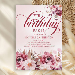 Invitation Chic Rose Bourgogne Floral Glam 75e Anniversaire