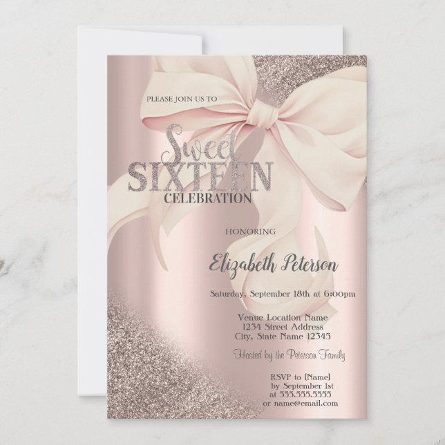 Invitation Chic Rose Bow Or Rose Gold Sweet 16  (Devant)