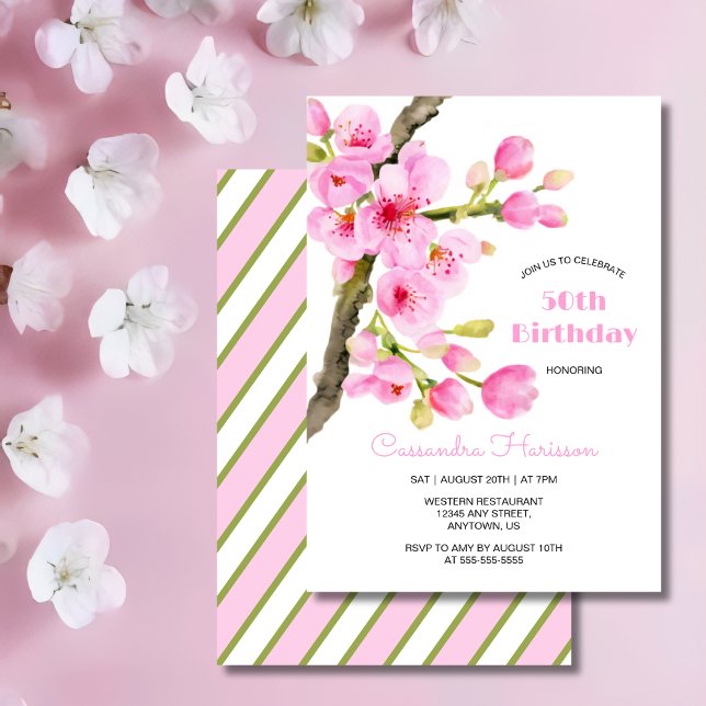 Invitation Chic rose cerisier fleurs Sakura fête d'anniversai (Créateur téléchargé)