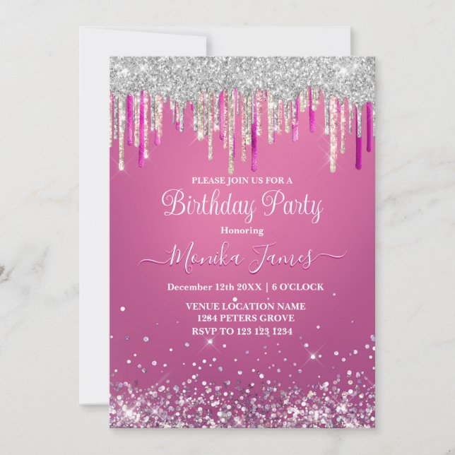 Invitation Chic Rose Chaud Paillettes Argent Monogramme (Devant)