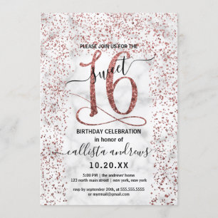 Invitation Chic Rose en marbre or Confetti Bordure Sweet 16
