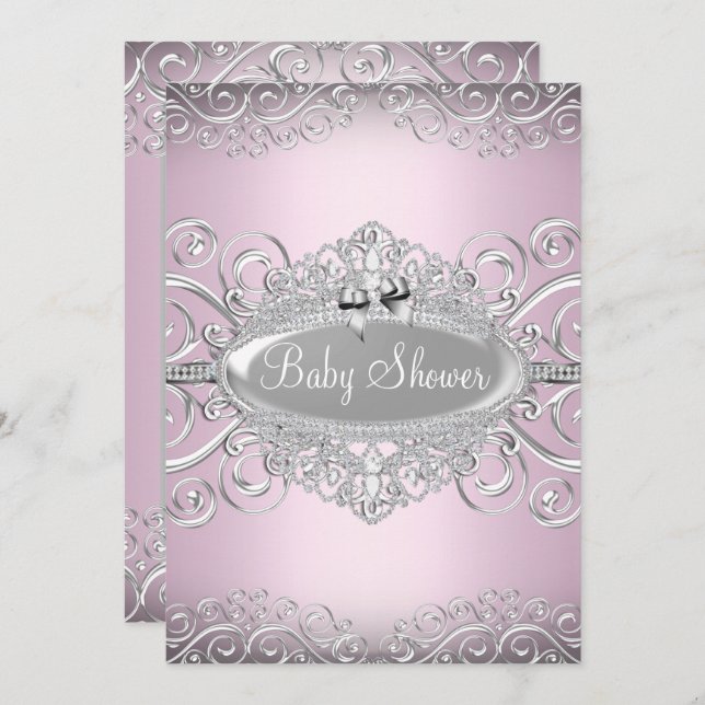 Invitation Chic rose et argent Damask Baby shower Princess (Devant / Derrière)