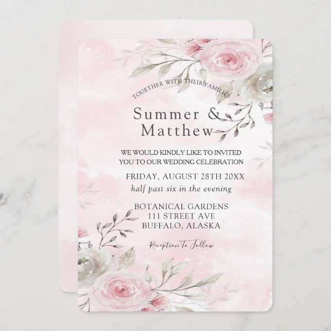 Invitation Chic rose et gris aquarelle pivoine Mariage rustiq (Devant / Derrière)