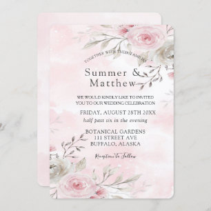 Invitation Chic rose et gris aquarelle pivoine Mariage rustiq