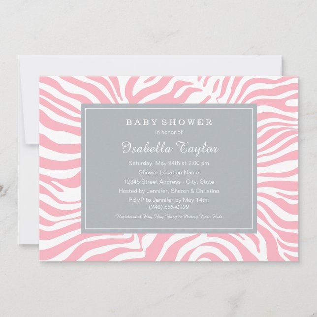 Invitation Chic rose et gris Zebra Stripes Baby shower fille (Devant)