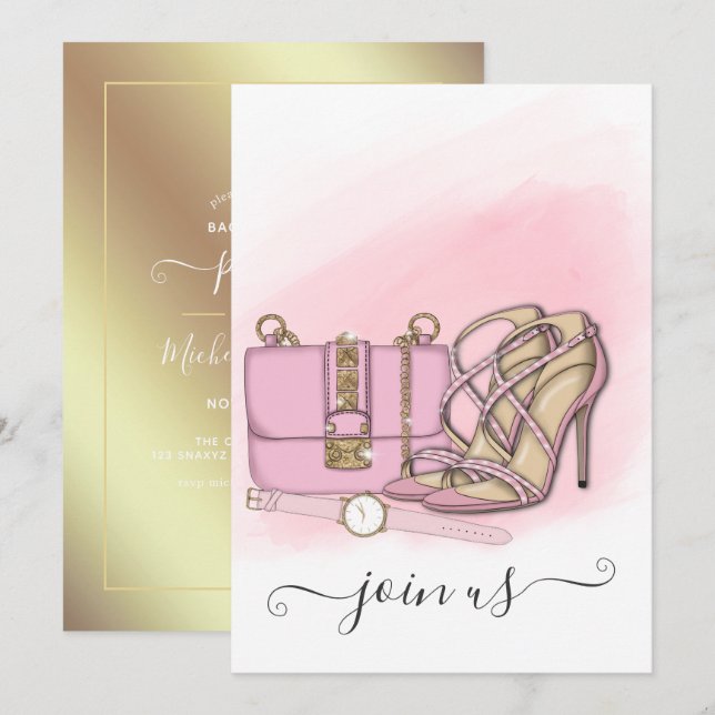 Invitation chic rose et or pour enterrement de vie (Devant / Derrière)
