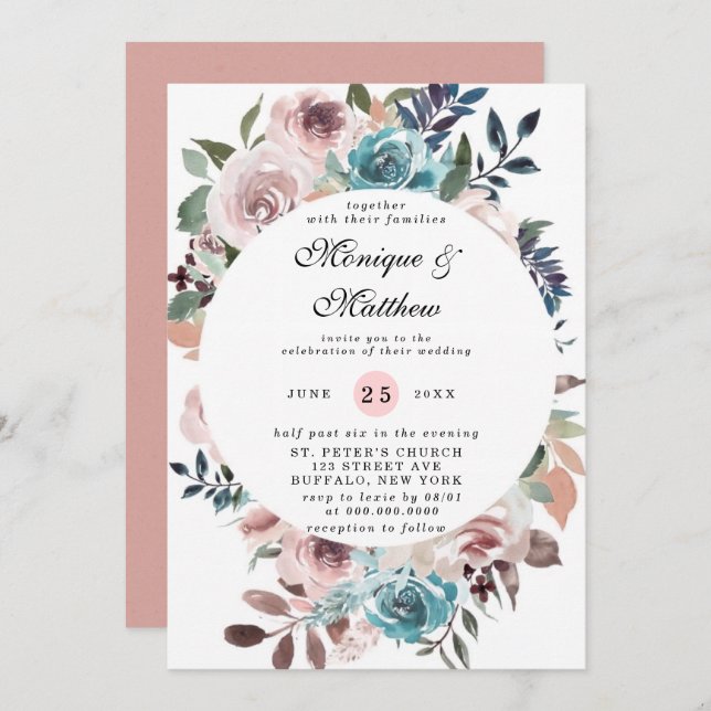 Invitation Chic rose et Turquoise aquarelle Peony Mariage Inv (Devant / Derrière)