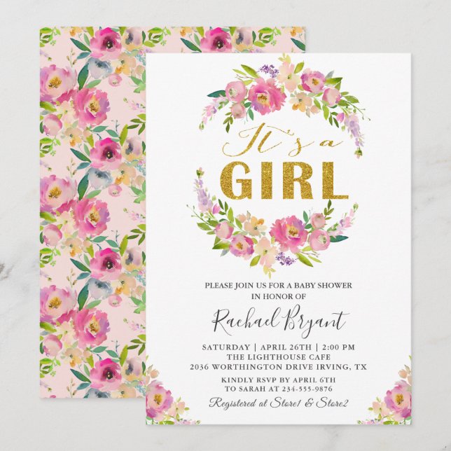 Invitation Chic rose floral C'est un Baby shower de fille (Devant / Derrière)