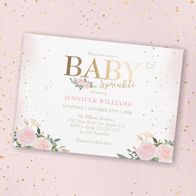 Invitation Chic Rose Floral Gold Girl Baby Sprinkle Douche (Créateur téléchargé)