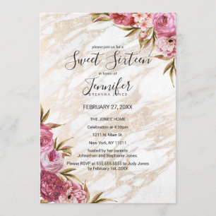 Invitation Chic rose Floral Gold Marble Sweet 16