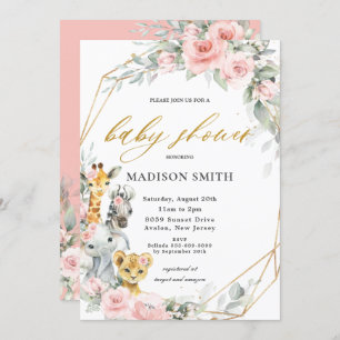 Invitation Chic rose Floral Jungle Animaux Baby shower fille