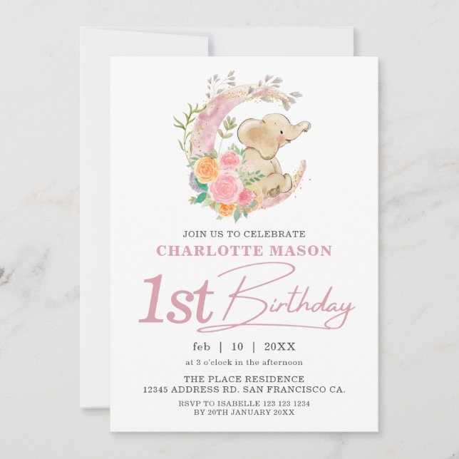 Invitation Chic rose floral lune fille Eléphant 1er anniversa (Devant)