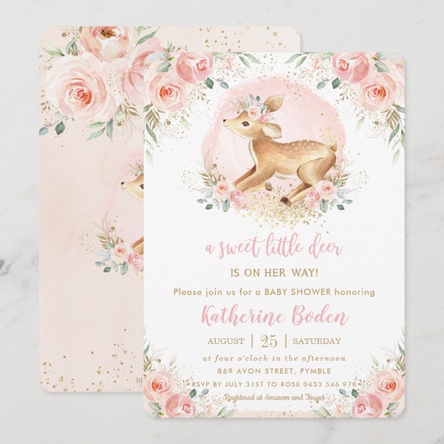 Invitation Chic rose Floral mignon Cerf Baby shower Fille (Devant / Derrière)