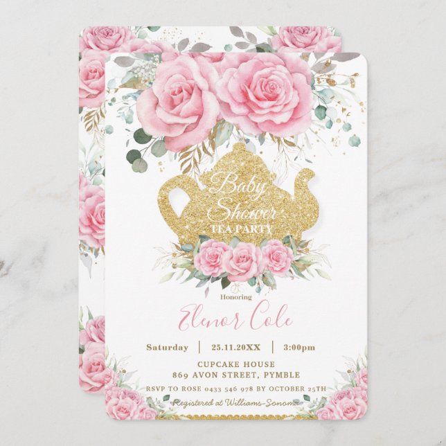 Invitation Chic Rose Floral Rose Baby shower High Tea Party (Devant / Derrière)