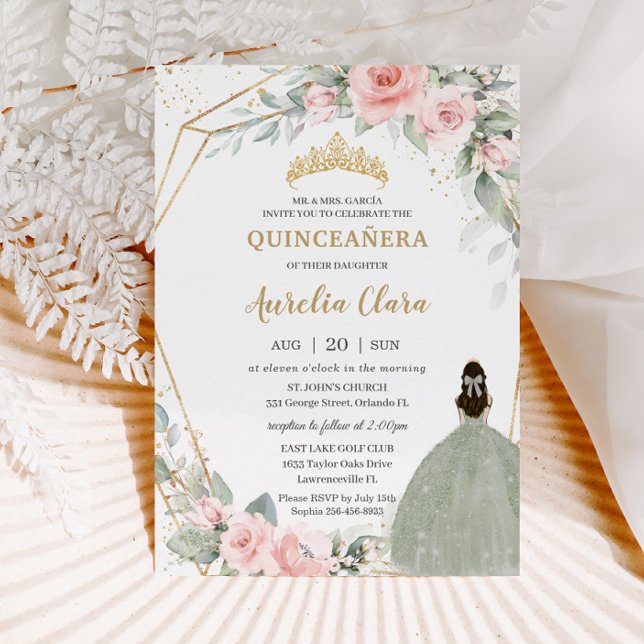 Invitation Chic rose Floral Sage Vert Princesse Quinceañera (Créateur téléchargé)