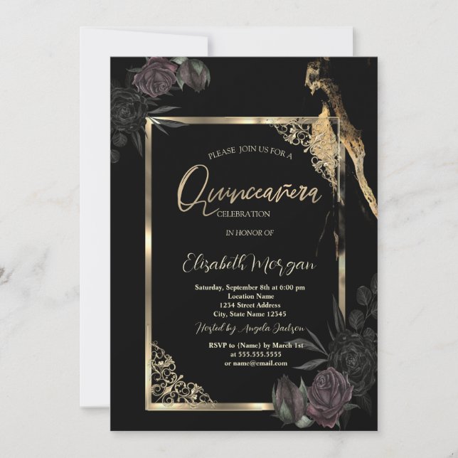 Invitation Chic Rose foncé Gold Frame Black Quinceañera (Devant)