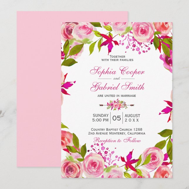Invitation Chic rose Fuchsia Rose Mariage botanique (Devant / Derrière)