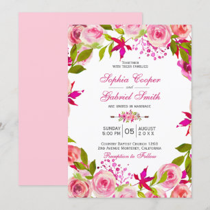 Invitation Chic rose Fuchsia Rose Mariage botanique
