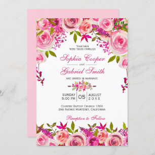 Invitation Chic rose Fuchsia Rose Mariage botanique