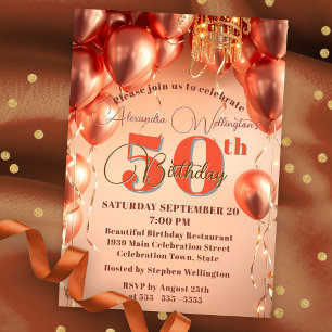 Invitation Chic Rose Gold Balloons & Chandelier 50e anniversa