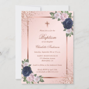 Invitation Chic Rose Gold Blue Blush rose Floral Girl Baptême