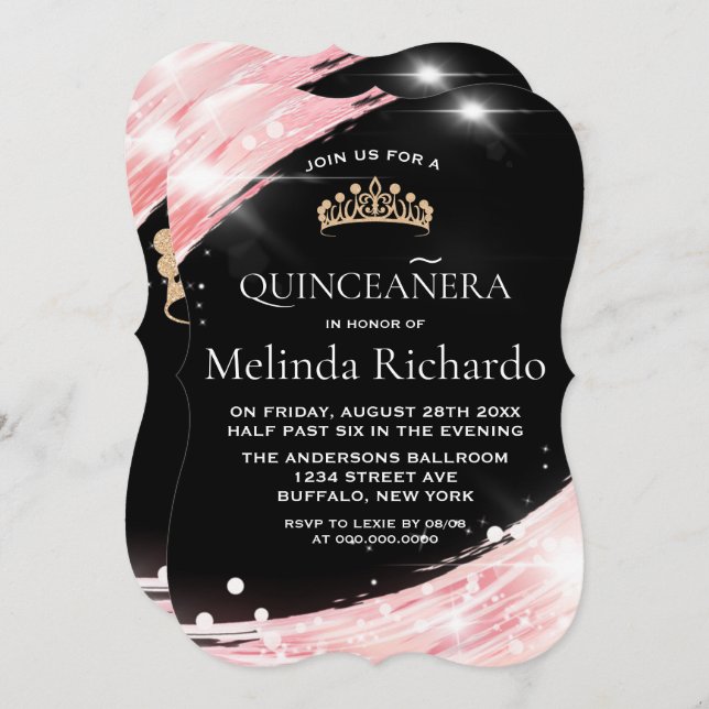 Invitation Chic Rose Gold Crown Quinceanera Party (Devant / Derrière)