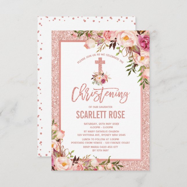 Invitation Chic Rose Gold Floral Christening bébé fille (Devant / Derrière)