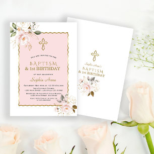 Invitation Chic Rose Gold Floral Girl 1er Anniversaire & Bapt