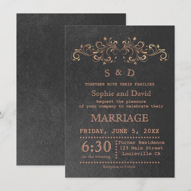 Invitation Chic Rose Gold Flourish Swirl Black Wedding Invita (Devant / Derrière)