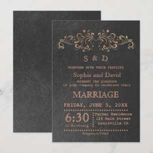 Invitation Chic Rose Gold Flourish Swirl Black Wedding Invita
