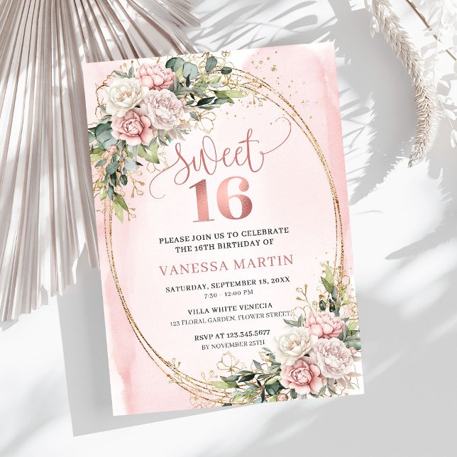 Invitation Chic Rose Gold Flowers and Greenery Sweet Sixteen (Rose Gold Flowers and Greenery Sweet Sixteen Invite)