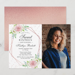 Invitation Chic Rose Gold Foil Floral Photo Sweet 16 Annivers