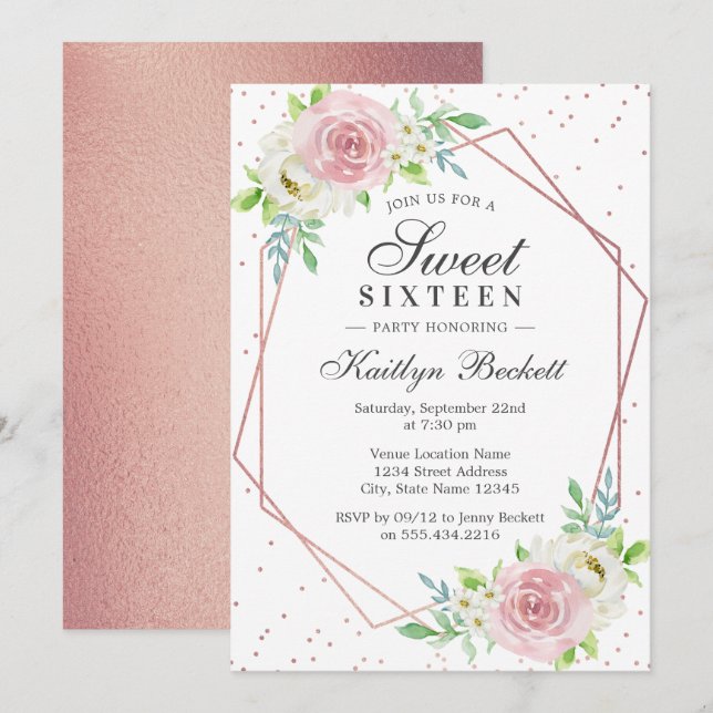 Invitation Chic Rose Gold Foil Floral Sweet 16 Anniversaire (Devant / Derrière)
