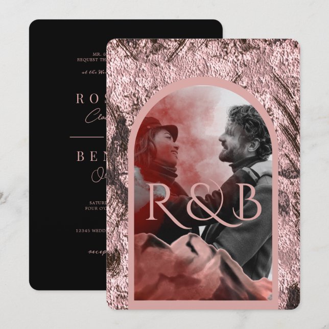 Invitation Chic Rose Gold Mountains Arched Photo Mariage (Devant / Derrière)