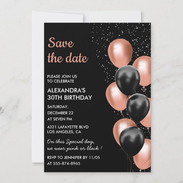 Invitation Chic Rose Gold Noir Ballon 30e Anniversaire Save t (Devant)