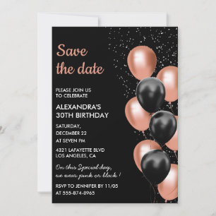 Invitation Chic Rose Gold Noir Ballon 30e Anniversaire Save t