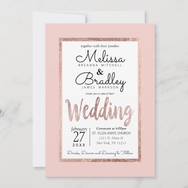 Invitation Chic Rose Gold Outline Blush Pink Mariage (Devant)