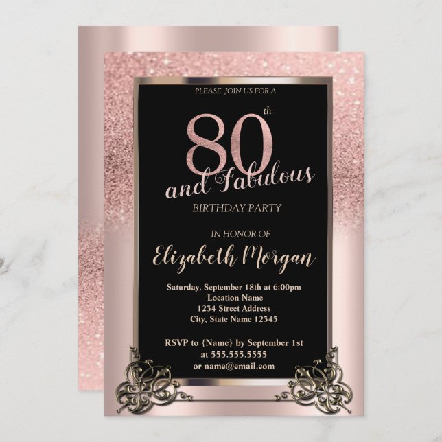 Invitation Chic Rose Gold Parties scintillant Ombre 80e fête  (Devant / Derrière)
