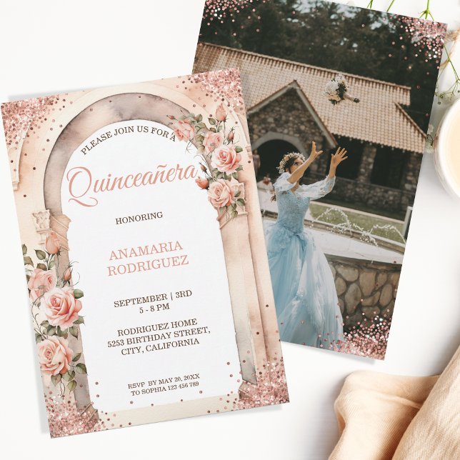 Invitation Chic Rose Gold Quinceañera Roses Floral Arch Photo (blush pink roses arch rose gold glitter)