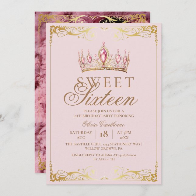 Invitation Chic Rose Gold Sweet 16 Couronne Anniversaire Phot (Devant / Derrière)