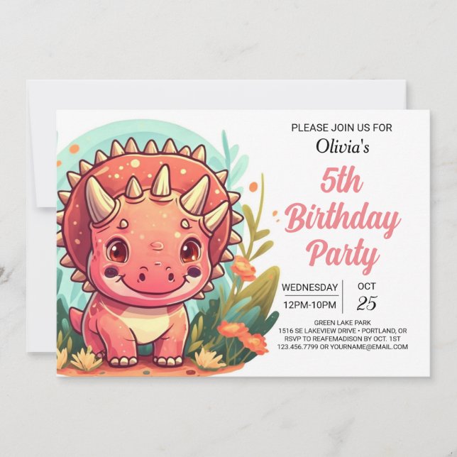 Invitation Chic rose imprimable Dinosaure fille Anniversaire (Devant)