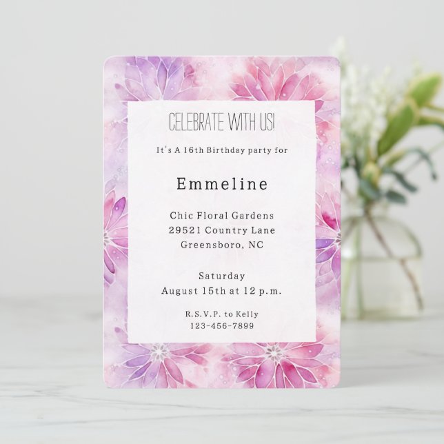 Invitation Chic rose Lavande Floral Anniversaire (Debout devant)