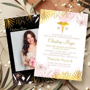 Invitation Chic Rose or Floral RN Diplôme de soins infirmiers