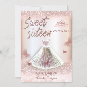 Invitation Chic Rose or gliterie robe papillon tiara
