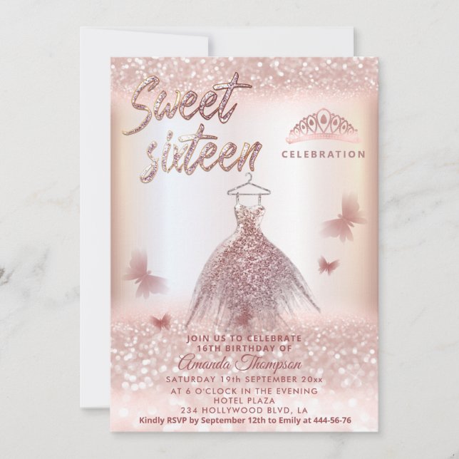 Invitation Chic Rose or gliterie robe papillon tiara (Devant)