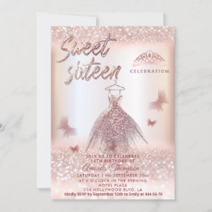 Invitation Chic Rose or gliterie robe papillon tiara